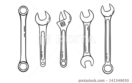 Vector icon of working tool wrench in black and white simple doodle sketch style. Illustration for catalogs, manuals or branding Vector icon of working tool wrench in black and white simple doodle sketch style. Illustration for catalogs, manuals or branding 141349050