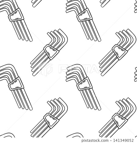 Seamless black and white vector pattern of hex key set in doodle sketch style. Repeating tool illustration for backgrounds, packaging or textile prints 141349052
