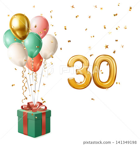 30th birthday celebration with balloons and gift. 30th birthday celebration with balloons and gift. 141349198