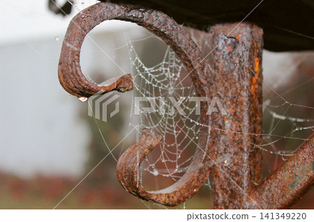 Close-up photograph of a weathered rusty iron hook with a delicate spider web covered in dew droplets. The aged metal texture, intricate web strands, soft blurred background, rustic autumn atmosphere Close-up photograph of a weathered rusty iron hook with a delicate spider web covered in dew droplets. The aged metal texture, intricate web strands, soft blurred background, rustic autumn atmosphere 141349220