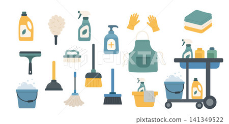 Collection of household cleaning equipment and supplies including detergent bottles, spray cleaner, soap dispenser, bucket 141349522
