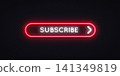Neon red glowing Subscribe button with arrow on dark transparent background. Bold rounded UI element for YouTube channel, streaming platform or web design. 141349819