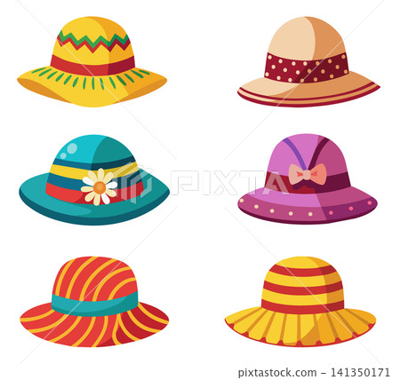 Vector cartoon headgears. Collection of woman summer hats. Clothing accessory. Vector cartoon headgears. Collection of woman summer hats. Clothing accessory. 141350171