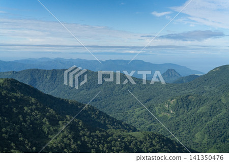 通往夏日薄霧山谷的綠色山脊 通往夏日薄霧山谷的綠色山脊 141350476