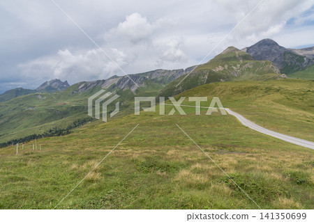 A mountain path winding through green hills and distant mountains A mountain path winding through green hills and distant mountains 141350699