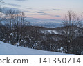 Snow-covered hills and sparse forest bathed in the setting sun 141350714
