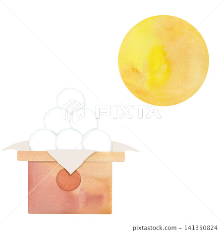 A watercolor painting of a full moon and moon-viewing dumplings - Moon Viewing Set 1 A watercolor painting of a full moon and moon-viewing dumplings - Moon Viewing Set 1 141350824
