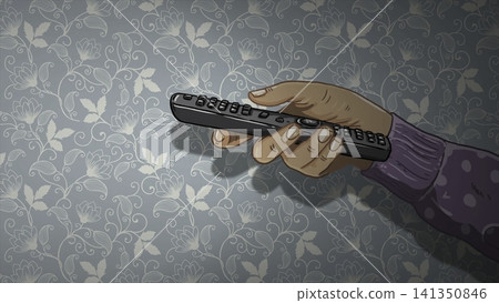 Quiet Night With Remote Control And Dimmed Lights. Solitary Figure Relaxes With Remote In Softly Lit Room 141350846