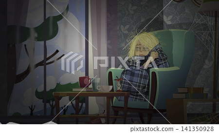 Student Sitting With Worried Expression Near Window. Room With Stormy View And Vulnerable Woman In Blanket 141350928