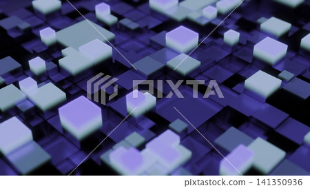 Glowing Blocks Move Over Digital Landscape. Bright Cubical Forms Cascade Across Virtual Grid Environment Glowing Blocks Move Over Digital Landscape. Bright Cubical Forms Cascade Across Virtual Grid Environment 141350936