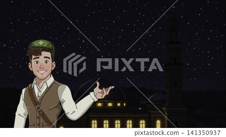 Vibrant Scene Of Youthful Guide Sharing Tales Beneath Sparkling Night Sky With Lit Domes And Minarets Vibrant Scene Of Youthful Guide Sharing Tales Beneath Sparkling Night Sky With Lit Domes And Minarets 141350937