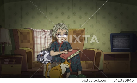 An Elderly Grandmother Peacefully Reads Her Book While Her Cat Rests Nearby In Cozy Setting An Elderly Grandmother Peacefully Reads Her Book While Her Cat Rests Nearby In Cozy Setting 141350940