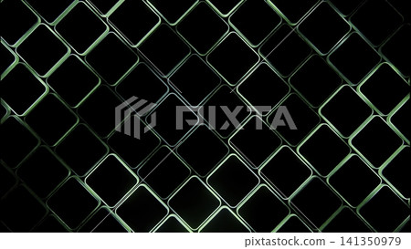 Diagonal lattice of rounded square frames with green cyan rim lighting across dark black background for abstract geometric design concepts, with abstract, pattern, geometry, grid detail Diagonal lattice of rounded square frames with green cyan rim lighting across dark black background for abstract geometric design concepts, with abstract, pattern, geometry, grid detail 141350979