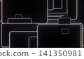 Layered neon rounded rectangles glowing and shifting with dense overlap on deep black background, white rims and red green blue fringes creating abstract futuristic depth 141350981