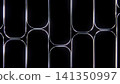 Neon rounded rectangle grid glowing on black with chromatic fringe, repeating vertical outlines, smooth curves, sleek symmetry, and luminous minimalist geometry 141350997