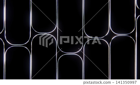 Neon rounded rectangle grid glowing on black with chromatic fringe, repeating vertical outlines, smooth curves, sleek symmetry, and luminous minimalist geometry Neon rounded rectangle grid glowing on black with chromatic fringe, repeating vertical outlines, smooth curves, sleek symmetry, and luminous minimalist geometry 141350997