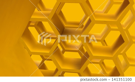 Golden Honeycomb Maze with Layered Hexagonal Pattern 3d render. 141351100
