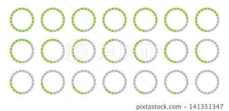 Progress bar. Template of green and grey color fill pie charts indicator. Round graph loading progress. Circle diagrams icons for infographics without numbers. Round percentage infographic Progress bar. Template of green and grey color fill pie charts indicator. Round graph loading progress. Circle diagrams icons for infographics without numbers. Round percentage infographic 141351347