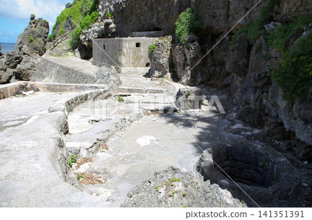 A panoramic view of Sabautzga, an old well and concrete ruins standing at the foot of a sheer cliff. A panoramic view of Sabautzga, an old well and concrete ruins standing at the foot of a sheer cliff. 141351391