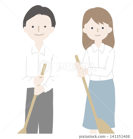 Illustration of a man and woman sweeping with brooms. 141351408