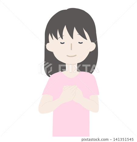 一幅插圖,描繪了一位年輕女子,她一隻手放在胸前,閉著眼睛,面帶微笑。 一幅插圖,描繪了一位年輕女子,她一隻手放在胸前,閉著眼睛,面帶微笑。 141351545