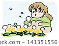 Illustration of a girl blowing on dandelion fluff in a dandelion field | Springtime, peaceful, and soothing image 141351556