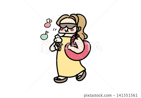一位戴著太陽眼鏡吃冰淇淋的女士的插圖 | 夏季郊遊 一位戴著太陽眼鏡吃冰淇淋的女士的插圖 | 夏季郊遊 141351561