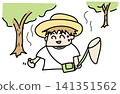 Illustration of a boy in a straw hat holding a butterfly net | Summer vacation, nature experience 141351562