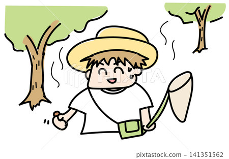 戴著草帽、手持捕蝶網的男孩的插圖 | 暑假,自然體驗 戴著草帽、手持捕蝶網的男孩的插圖 | 暑假,自然體驗 141351562