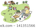 Illustration of a family enjoying a picnic in a park | Image material for holidays and leisure 141351566