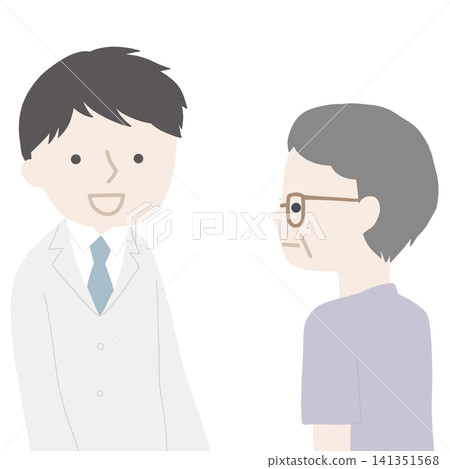 一幅插圖,描繪了一位身穿白大褂的男士面帶微笑地與一位老婦人交談。 一幅插圖,描繪了一位身穿白大褂的男士面帶微笑地與一位老婦人交談。 141351568
