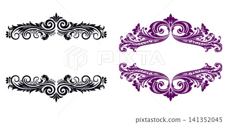 Intricate ornamental scrollwork vector illustrations for elegant decorative borders and vintage design elements Intricate ornamental scrollwork vector illustrations for elegant decorative borders and vintage design elements 141352045