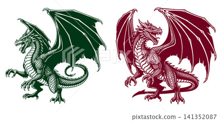 Majestic winged dragon vector illustrations standing with spread wings, featuring intricate scales and fierce expressions Majestic winged dragon vector illustrations standing with spread wings, featuring intricate scales and fierce expressions 141352087
