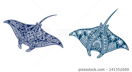Marine life vector featuring manta rays filled with detailed tribal artwork and tropical palm tree motifs Marine life vector featuring manta rays filled with detailed tribal artwork and tropical palm tree motifs 141352089
