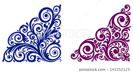 Ornate floral swirl decorative elements for corner frame borders with elegant classic leaf motifs Ornate floral swirl decorative elements for corner frame borders with elegant classic leaf motifs 141352123