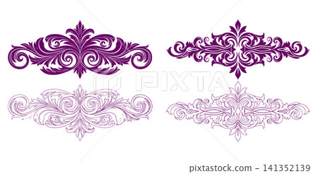 Ornate symmetrical scrollwork divider elements with swirling leaf patterns for elegant decorative accents Ornate symmetrical scrollwork divider elements with swirling leaf patterns for elegant decorative accents 141352139