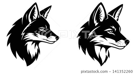 Profile view of stylized fox head vector icon with sharp features and fur details Profile view of stylized fox head vector icon with sharp features and fur details 141352260