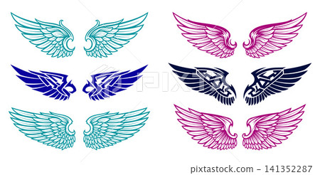 Six distinct pairs of stylized vector wings in varied ornamental and feathered graphic designs Six distinct pairs of stylized vector wings in varied ornamental and feathered graphic designs 141352287