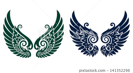 Stylized decorative wing pair set with intricate patterns, symmetrical design ideal for emblem or tattoo illustration Stylized decorative wing pair set with intricate patterns, symmetrical design ideal for emblem or tattoo illustration 141352298