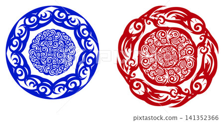 Stylized swirling circular ornaments with layered tribal details for logos or medallion designs Stylized swirling circular ornaments with layered tribal details for logos or medallion designs 141352366
