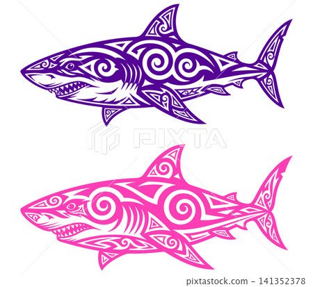 Stylized tribal shark illustrations featuring traditional Polynesian patterns, ideal for logo or tattoo designs Stylized tribal shark illustrations featuring traditional Polynesian patterns, ideal for logo or tattoo designs 141352378