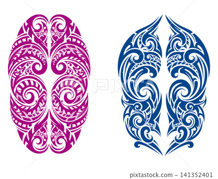 Symmetrical oval tribal design created from mirrored Polynesian patterns, ideal for cultural logos or decorative elements Symmetrical oval tribal design created from mirrored Polynesian patterns, ideal for cultural logos or decorative elements 141352401