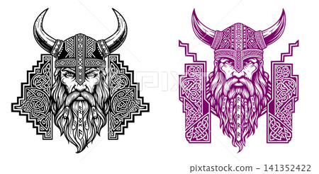 Traditional nordic Viking warrior portrait with a horned helmet and intricate beard details, framed by Celtic knotwork elements Traditional nordic Viking warrior portrait with a horned helmet and intricate beard details, framed by Celtic knotwork elements 141352422