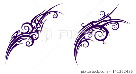 Two flowing tribal tattoo motifs with sharp, stylized lines and organic swirling patterns, ideal for body art applications Two flowing tribal tattoo motifs with sharp, stylized lines and organic swirling patterns, ideal for body art applications 141352486