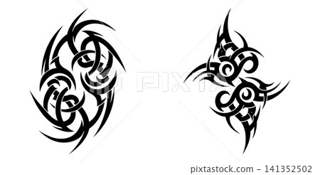 Two stylized tribal symbol patterns showcasing intertwined and four pointed shapes for various decorative projects Two stylized tribal symbol patterns showcasing intertwined and four pointed shapes for various decorative projects 141352502