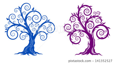 Whimsical tree illustration with elaborate spiraling branches and prominent gnarled roots, creating a stylized nature scene Whimsical tree illustration with elaborate spiraling branches and prominent gnarled roots, creating a stylized nature scene 141352527