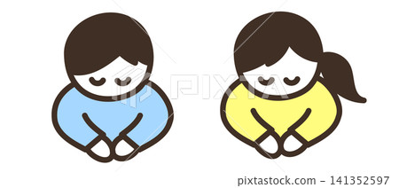 The upper bodies of a cute, round-faced man and woman bowing. The upper bodies of a cute, round-faced man and woman bowing. 141352597