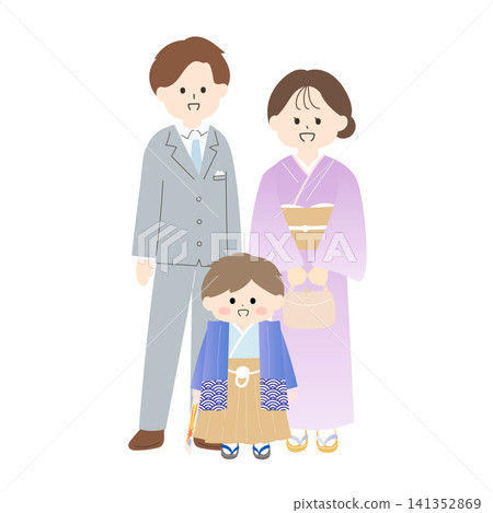 A scene of a family of three visiting a shrine for Shichi-Go-San (a traditional Japanese rite of passage for children) | A cute, flat, hand-drawn illustration A scene of a family of three visiting a shrine for Shichi-Go-San (a traditional Japanese rite of passage for children) | A cute, flat, hand-drawn illustration 141352869