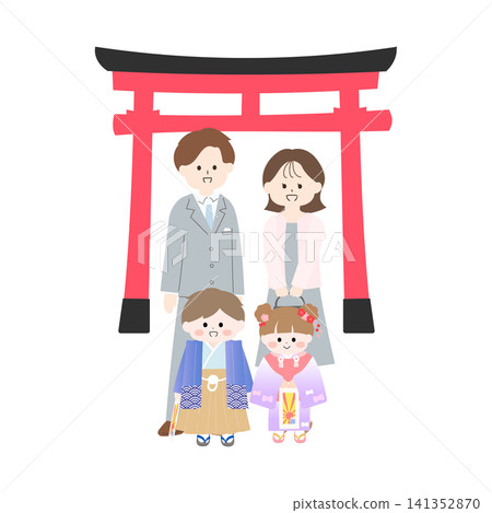 手繪平面插圖,描繪了一家四口前往神社參加七五三(日本兒童的傳統成年禮)的場景。 手繪平面插圖,描繪了一家四口前往神社參加七五三(日本兒童的傳統成年禮)的場景。 141352870