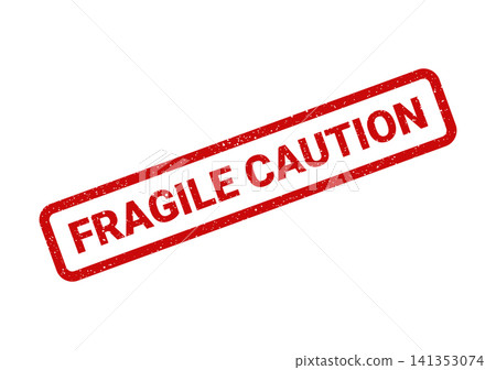 Red grunge style stamp with text FRAGILE CAUTION serving as a clear warning for careful handling 141353074